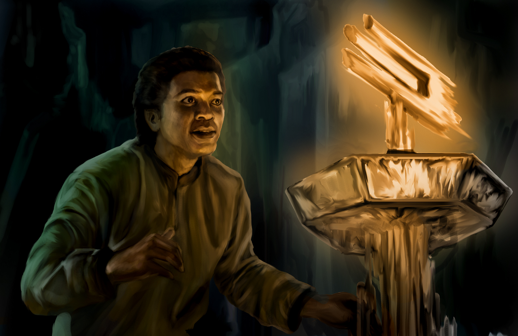 Lando Calrissian and the Mindharp of Sharu, as depicted in The Essential Reader's Companion