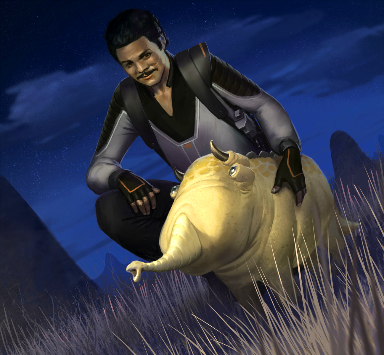 Lando Calrissian and his puffer pig Petunia on Lothal