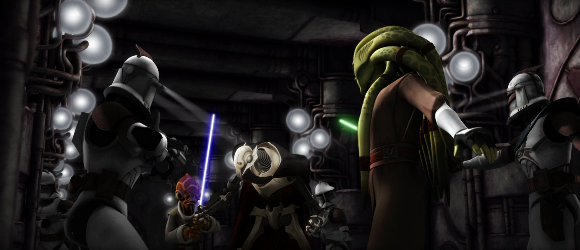 Grievous encounters Republic forces within his fortress on Vassek 3.