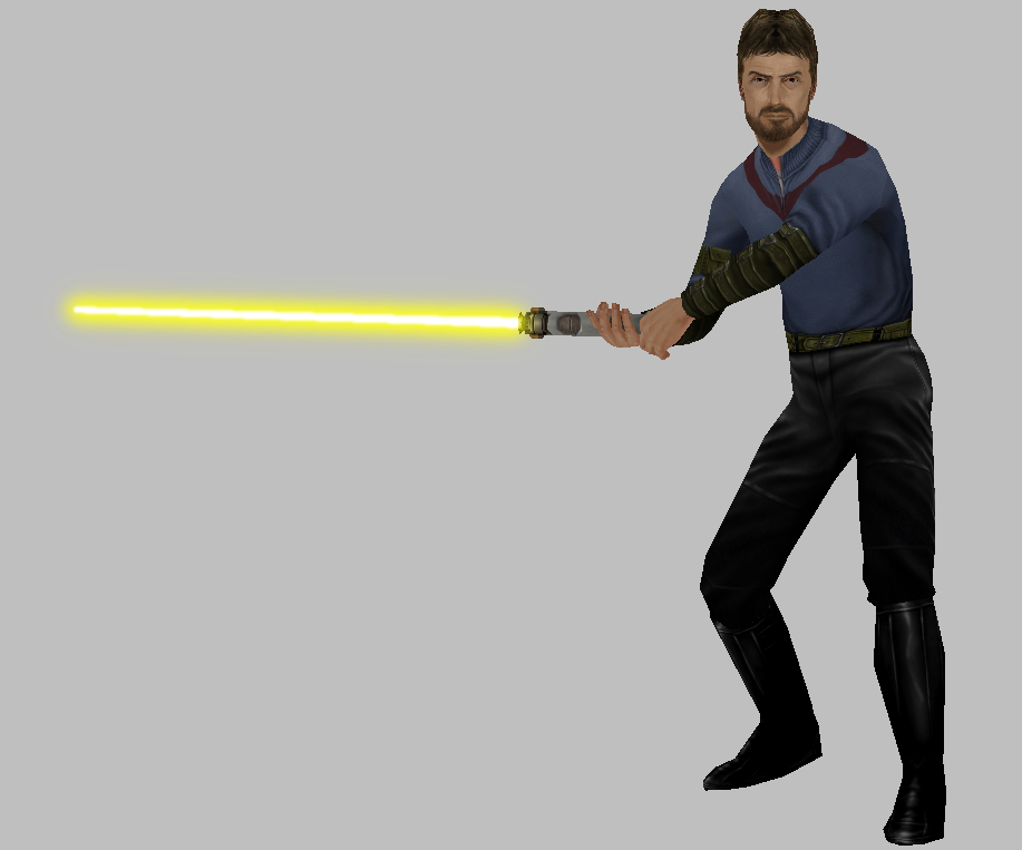 The Jedi wields his Lightsaber.