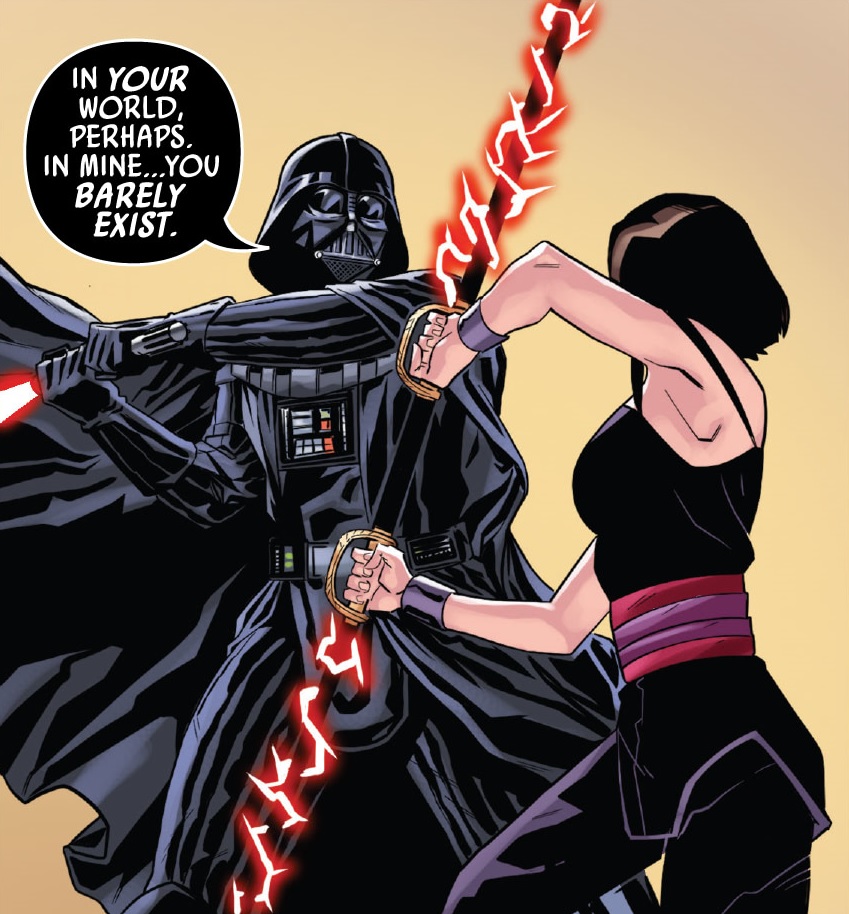 Qi'ra unites both blades to fight Vader.