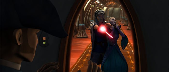 Holding Duchess Satine captive, Senator Merrik murders the crew of the Coronet.