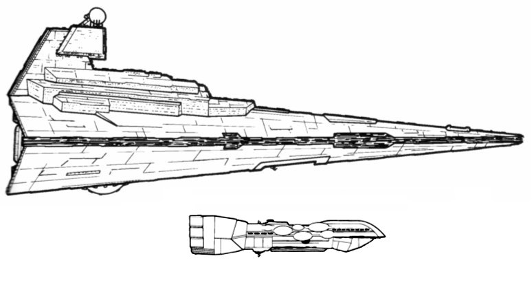 A Dreadnaught-class heavy cruiser shown to scale with an Imperial-class Star Destroyer (1,600m).