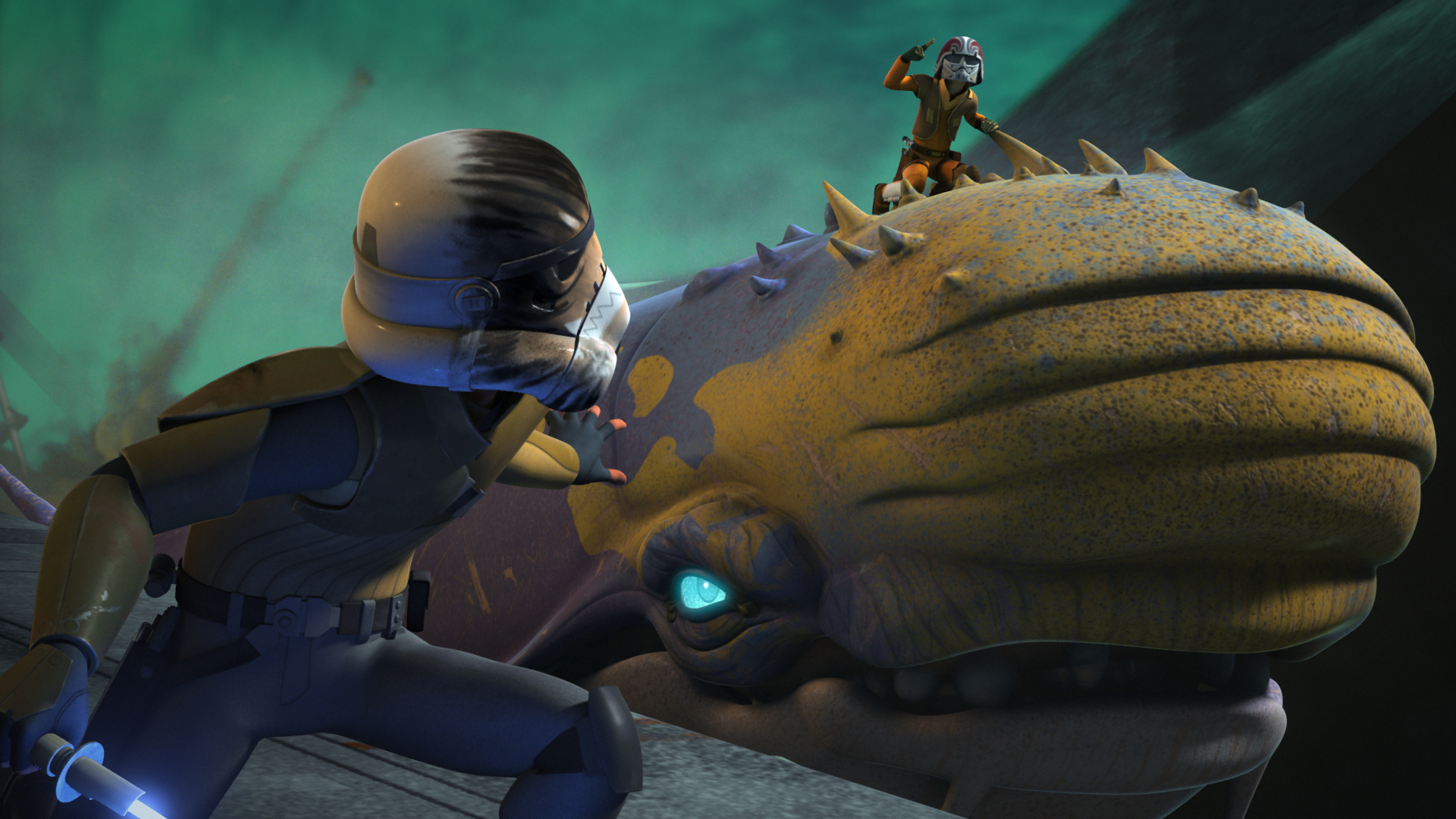 Ezra Bridger rides a purrgil to fight the Mining Guild at a gas refinery.