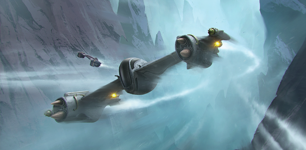 IG-101 piloting a Rogue-class starfighter on a rocky world