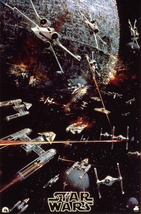 John Berkey's painting depicting the Battle of Yavin, one of the earliest promotional posters for the 1977 release of Star Wars