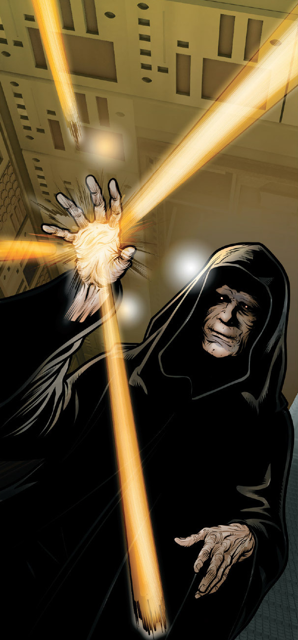 Palpatine deflects the blaster bolts fired by Ray