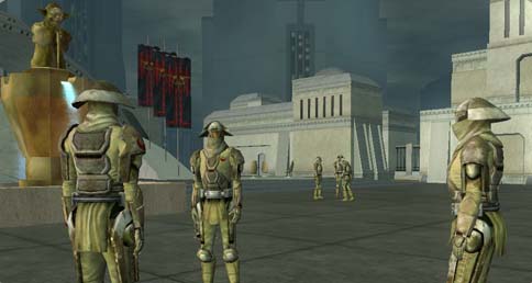 Rebel soldiers standing near a statue of Yoda