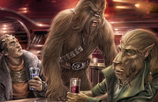 A Wookiee is angered by a Bothan while a Zabrak watches.