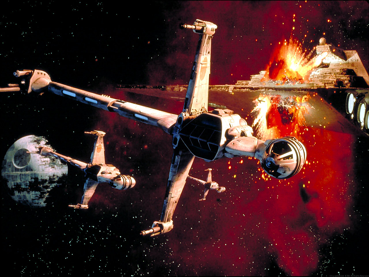 B-wings flee from an exploding Star Destroyer during the Battle of Endor.