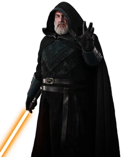Skoll wore black robes and armor and wielded an orange-bladed lightsaber.