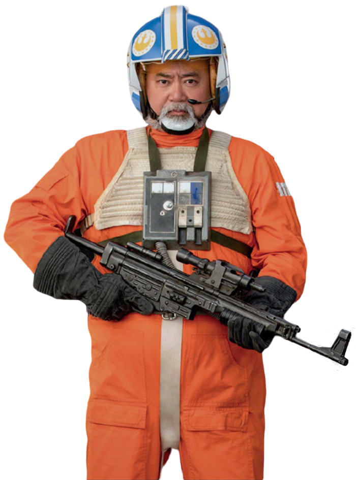 Carson Teva in flight suit and helmet, armed with an A280C blaster rifle