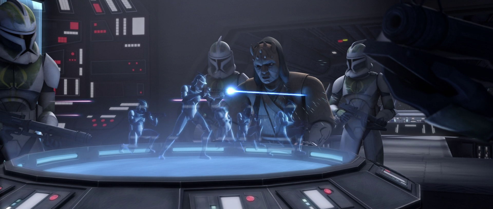 Eeth Koth's clone troopers, battling Grievous's battle droids aboard the Steadfast.