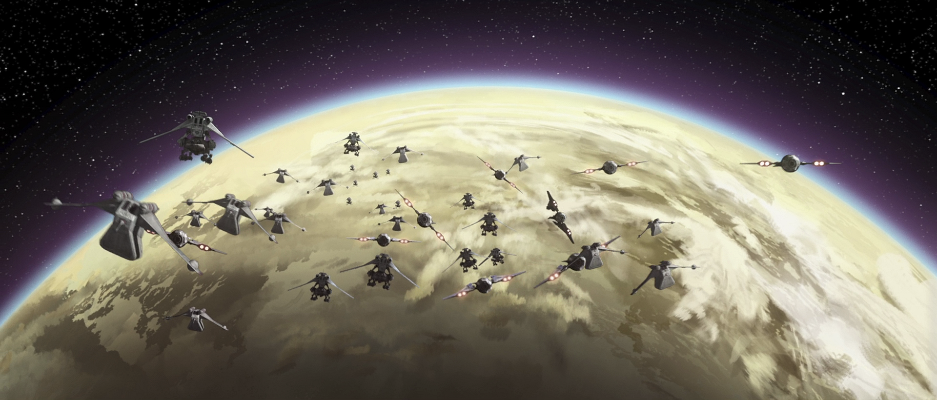 The Republic-Mandalorian joint attack force approaches the planet's surface.