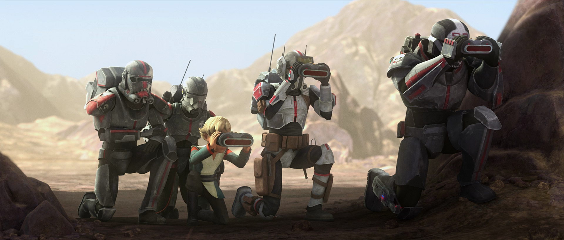 Clone Force 99 surveys the Zygerrians and the slaves.