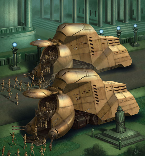 Updated model of the MTT, which deployed droids four units at a time in battle-ready position