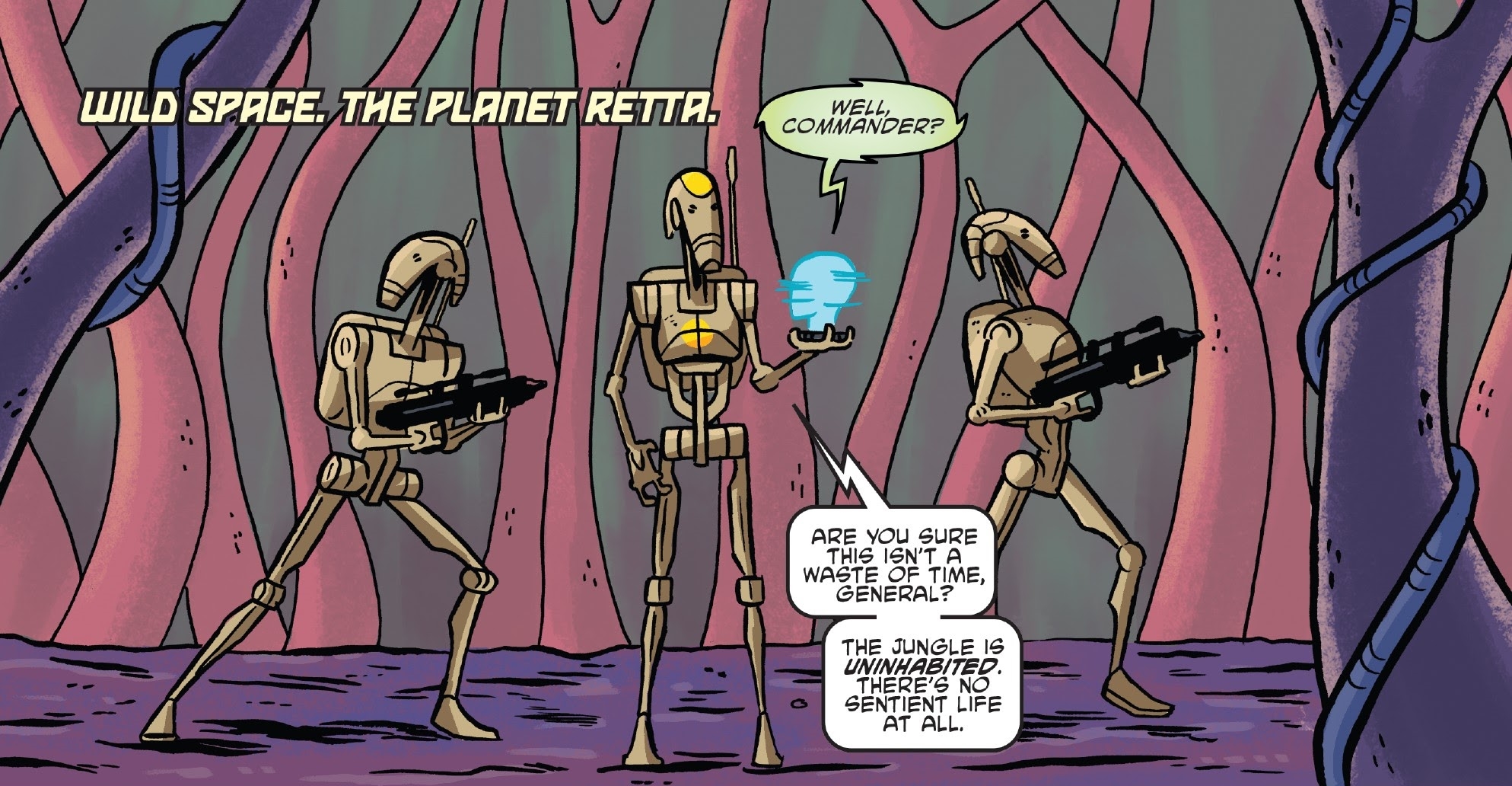 B1 battle droids looking for a "secret" on Retta