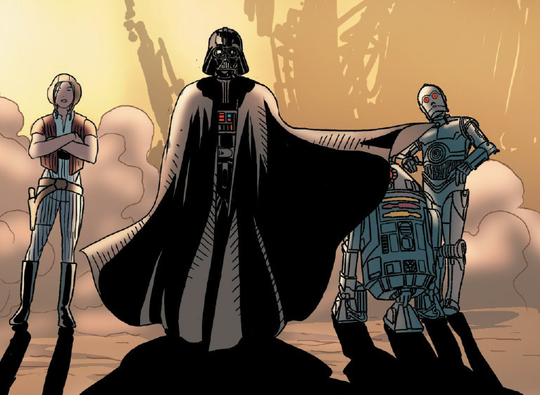 Vader's team—Aphra, Triple-Zero, Beetee, and Vader himself—arrive on Geonosis.