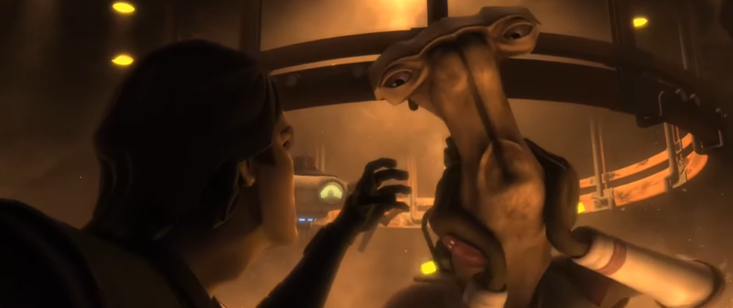 Anakin Skywalker chokes an Ithorian in anger, adapting to the alien's special physiology by forcing the bartender to cover their mouths.