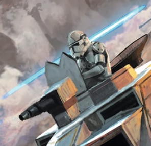 A clone gunner in Phase II armor mans a turret aboard a TX-130 Saber-class fighter tank.