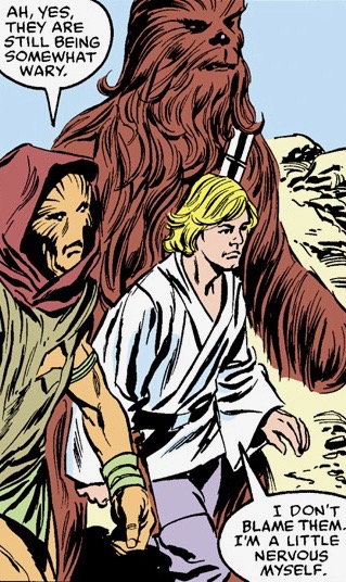 G'hinji Dros with Luke Skywalker and Chewbacca.