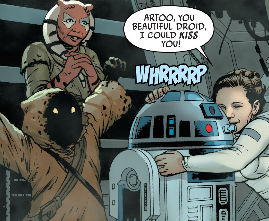 Leia hugging R2 after they seemingly escaped Vader.