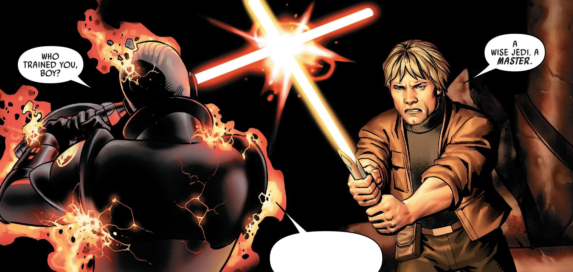 Luke Skywalker dueling the spirit of the Grand Inquisitor with his newly acquired lightsaber