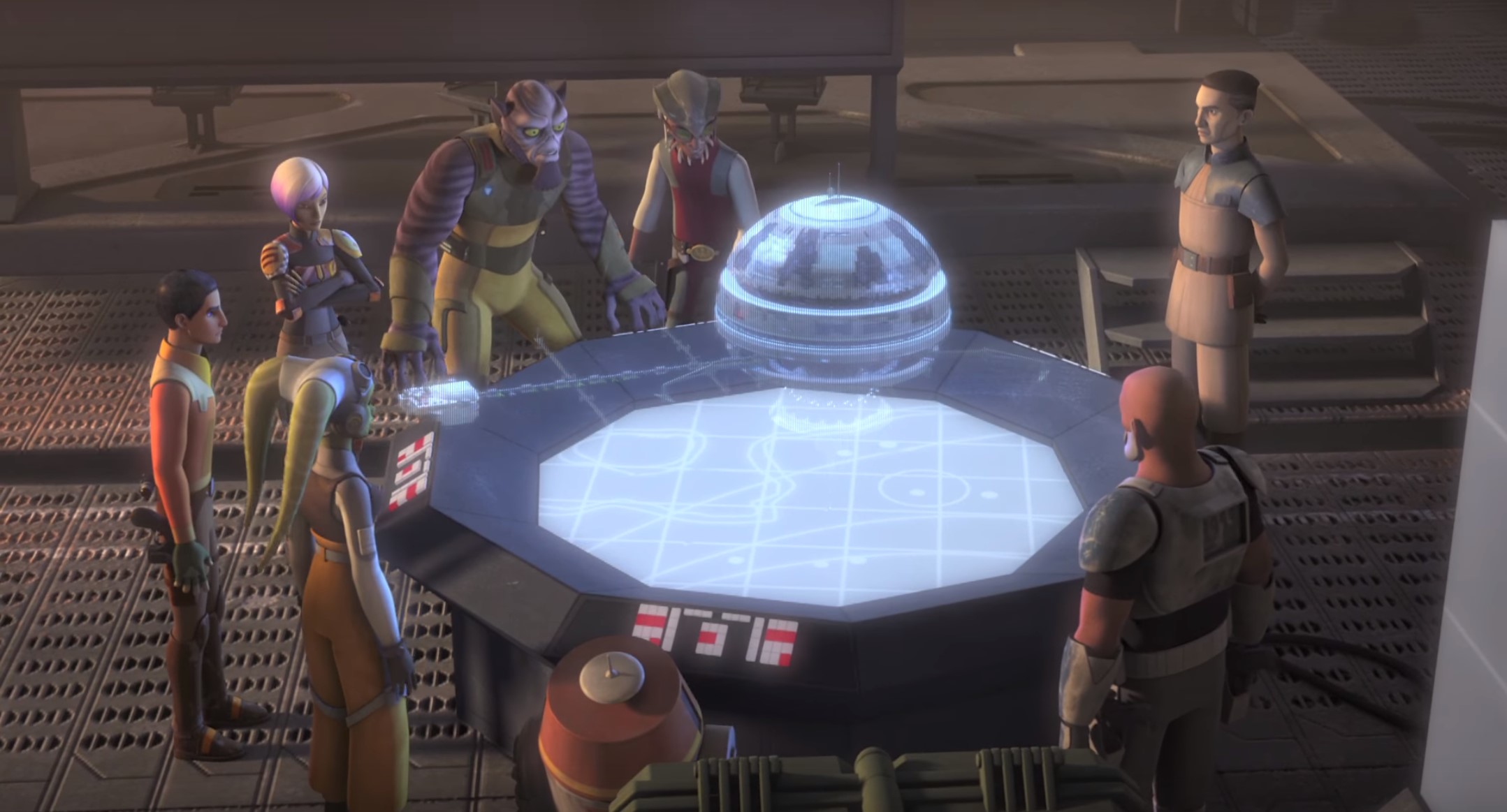 Chopper (bottom center) attending the briefing prior to the heist at Reklam Station