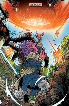 Zeen Mrala used the Force to hold back a piece of debris while fighting against the Nihil.