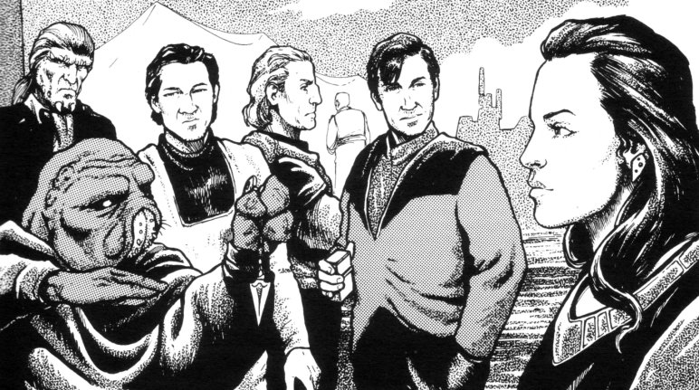 Vanis (center) with fellow Intelligence operatives Deeve, Bakki Sourthol, Anson Blazer, and Tura Raftican, as well as a local street merchant