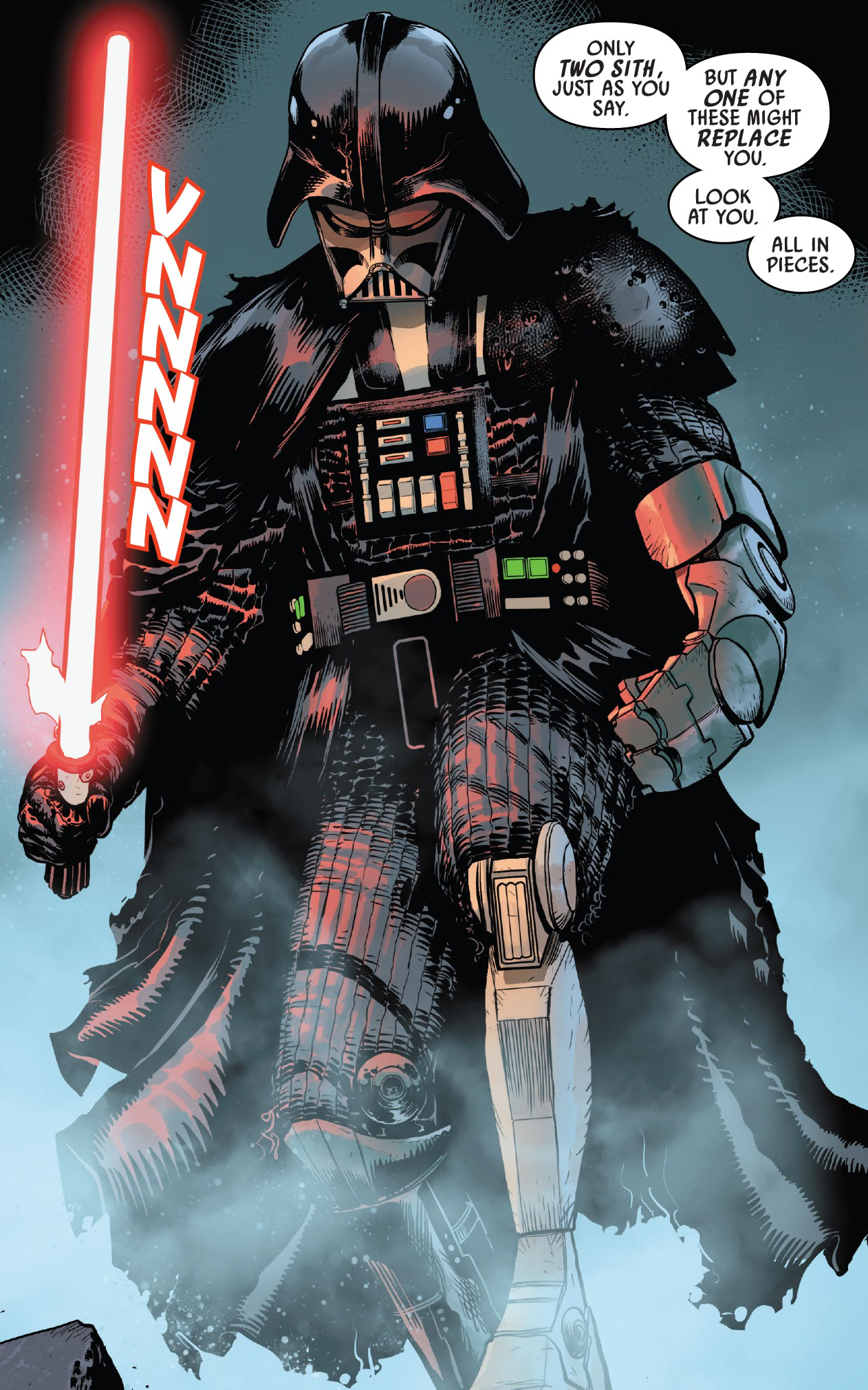 The damage to his armor and body forced Vader to utilize scavenged battle droid parts.