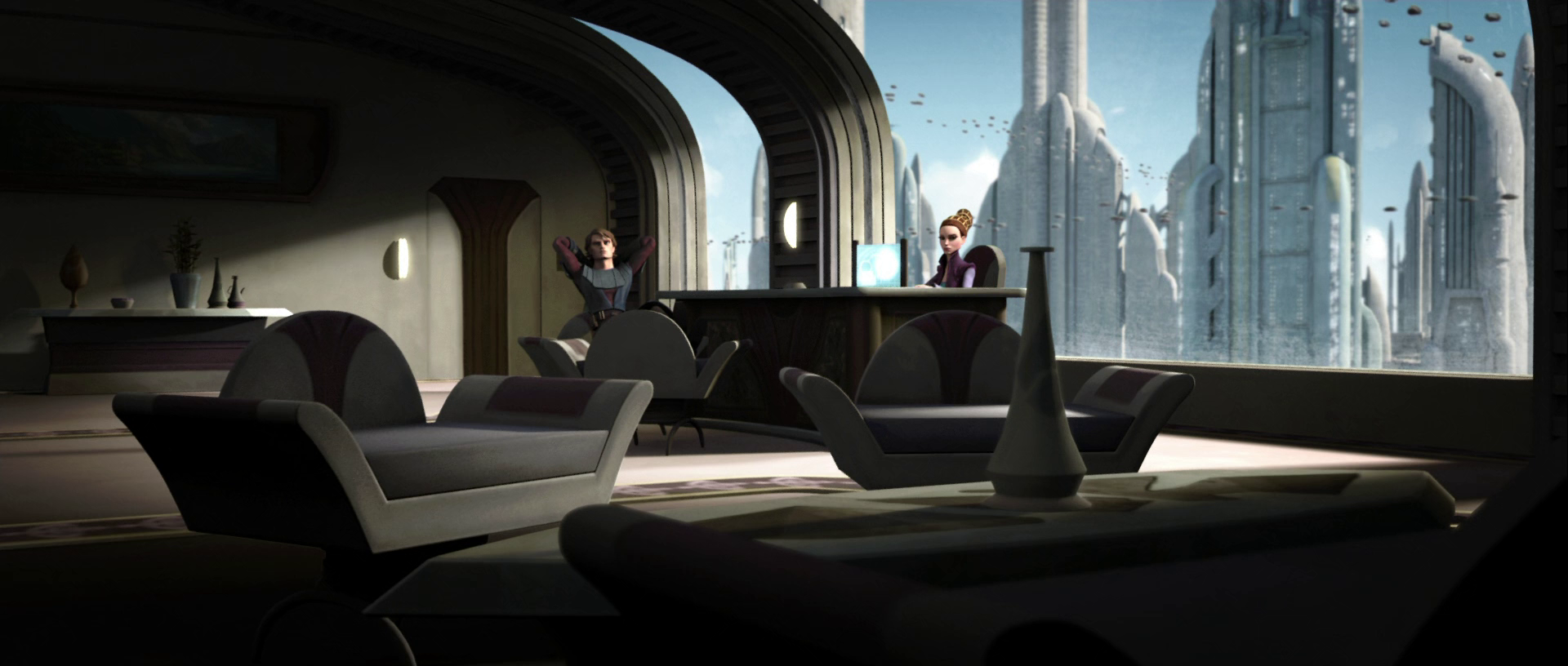 Skywalker visits Senator Amidala in her office.