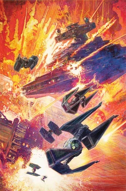 Imperial TIE line ships fight alongside a Star Destroyer.