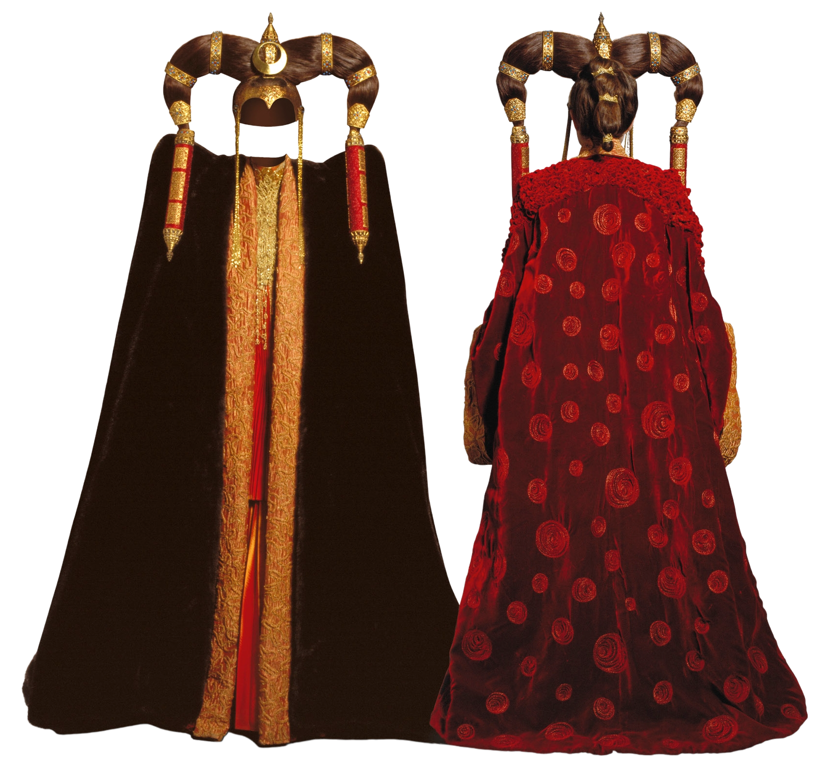 The gown seen from the front with the cloak (left) and from the back without cloak (right)