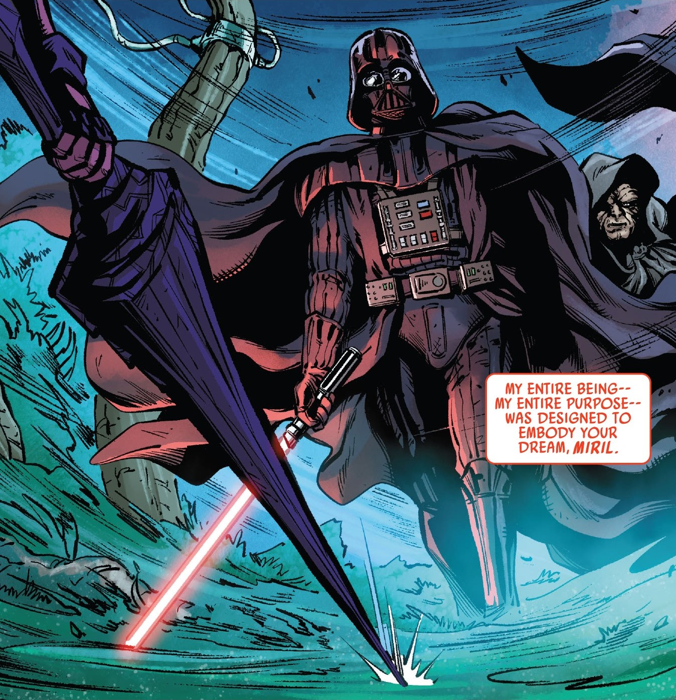 Darth Vader approaches the Spark Eternal, an AI designed centuries prior to destroy the Sith Order, while it possesses the body of Doctor Aphra.