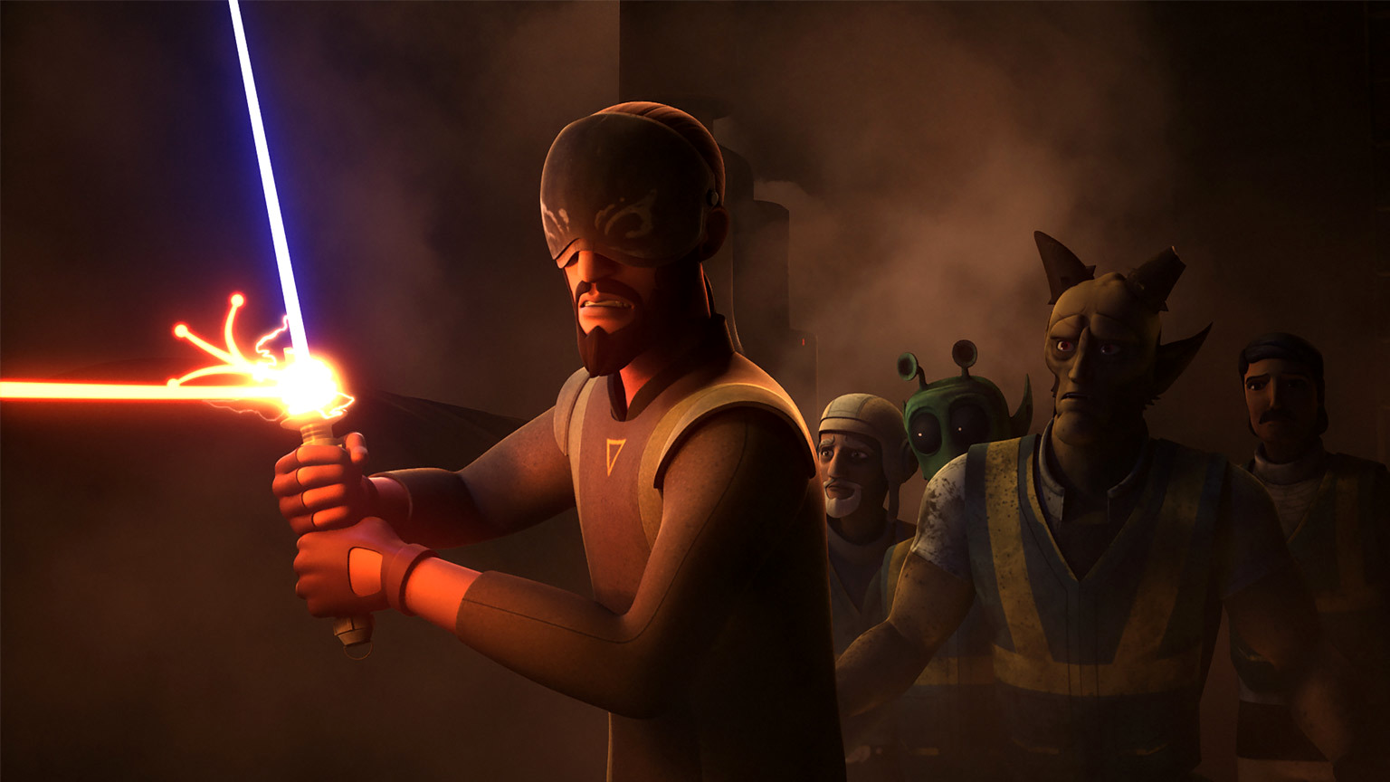 Tsoklo watches Kanan Jarrus fend off Proach.