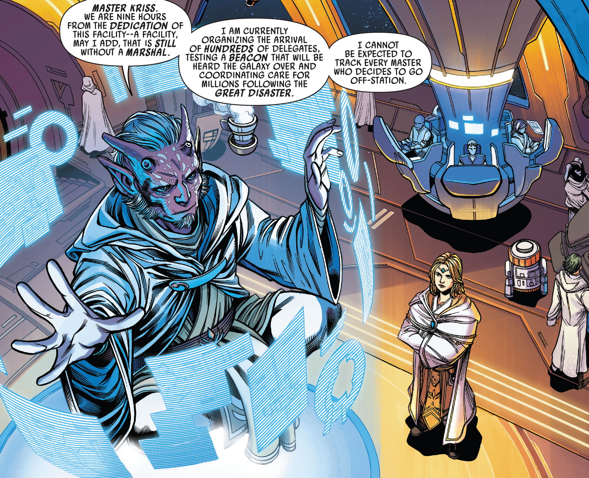 Jedi Master Estala Maru uses levitation while performing his duties on Starlight Beacon.