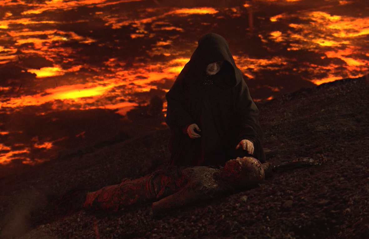 Darth Sidious finds Darth Vader's ravaged body.