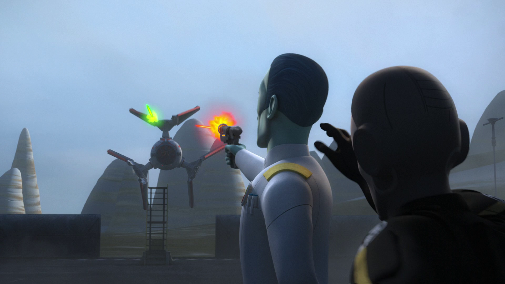 Skerris and Thrawn watch as the stolen TIE prototype flies away.