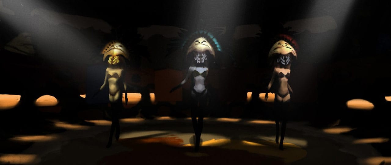 Concept art of the chorus girl and her fellow dancers performing