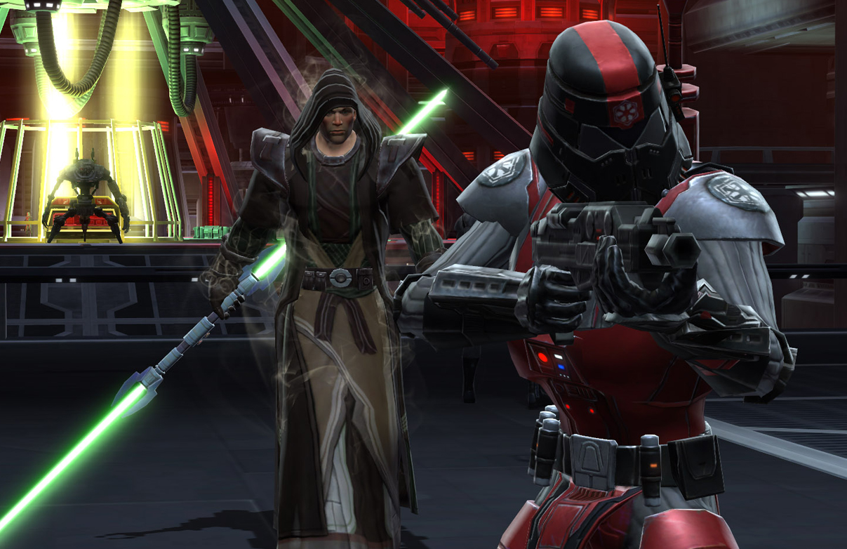 A Shadow approaches an unsuspecting Sith Imperial soldier