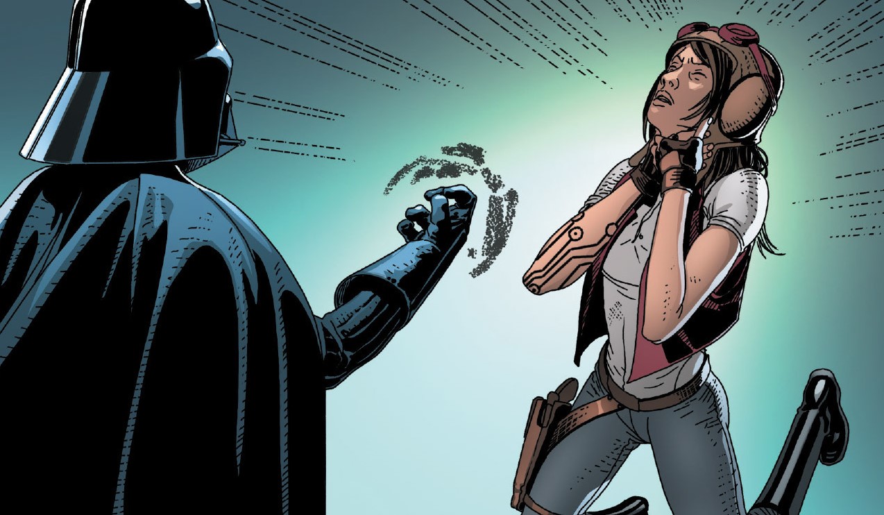 Vader chokes Doctor Aphra using the dark side of the Force after she was nearly arrested by Inspector Thanoth.