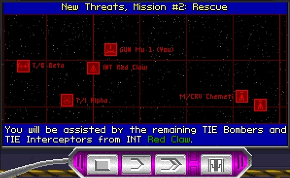 A starfighter pilot briefing, featuring Assault Gunboat Tau and Interdictor Red Claw.