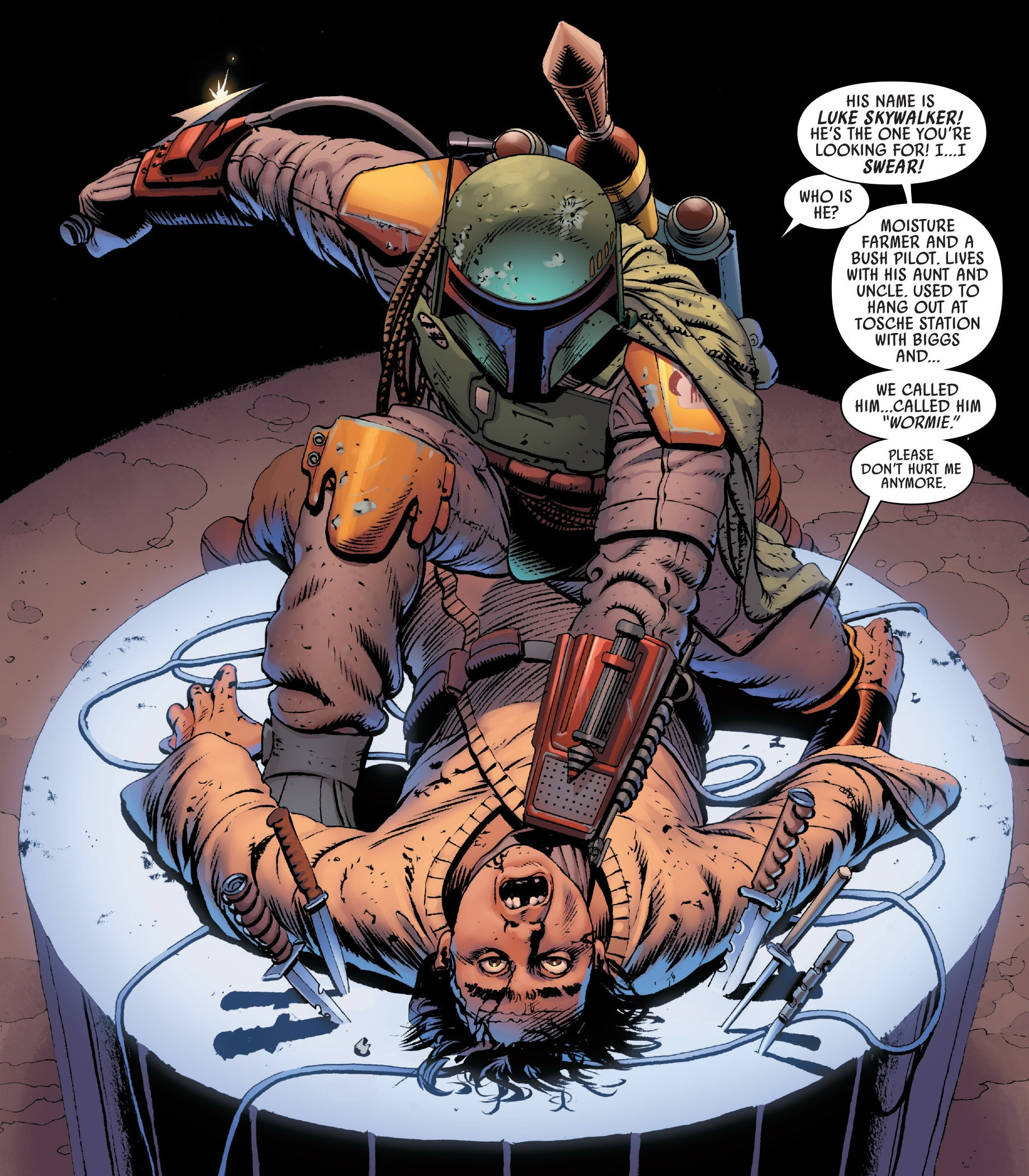 Boba interrogates a young moisture farmer.