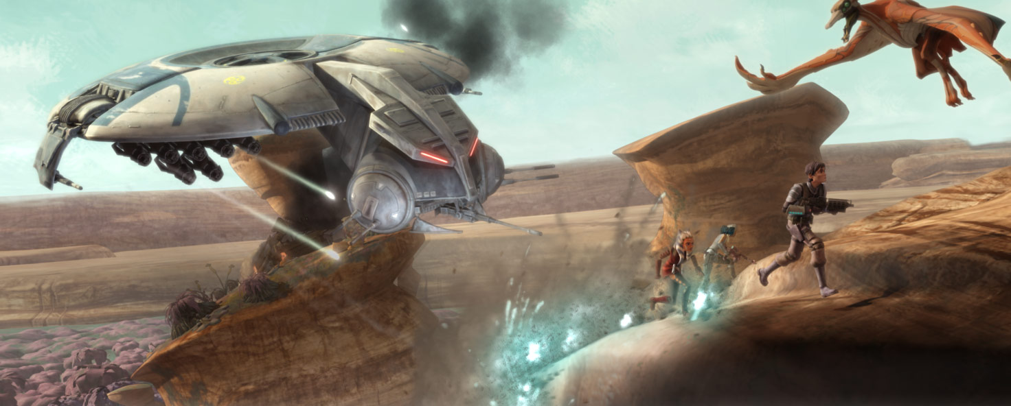 A droid gunship chases the rebels over the highlands.