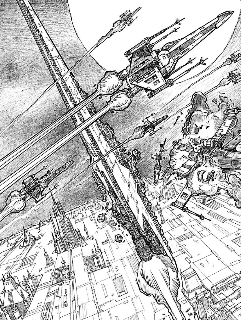 The Rogues dogfight as the Lusankya blasts off Coruscant.