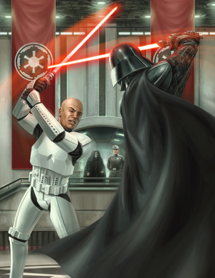 A Cuis clone demonstrates his skills in lightsaber combat against Darth Vader.