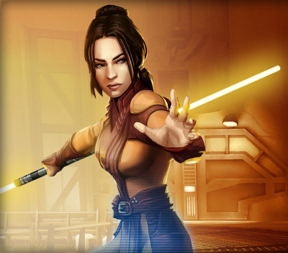 Bastila Shan with her yellow-double-bladed lightsaber in Star Wars: Galaxy of Heroes