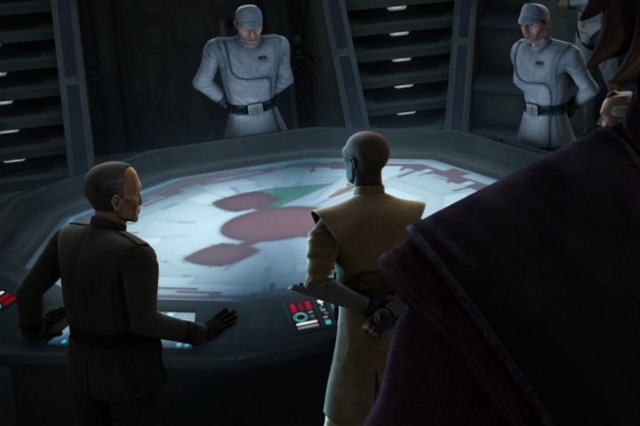 Coburn confers with Mace Windu and Wullf Yularen at the Republic strategy conference.