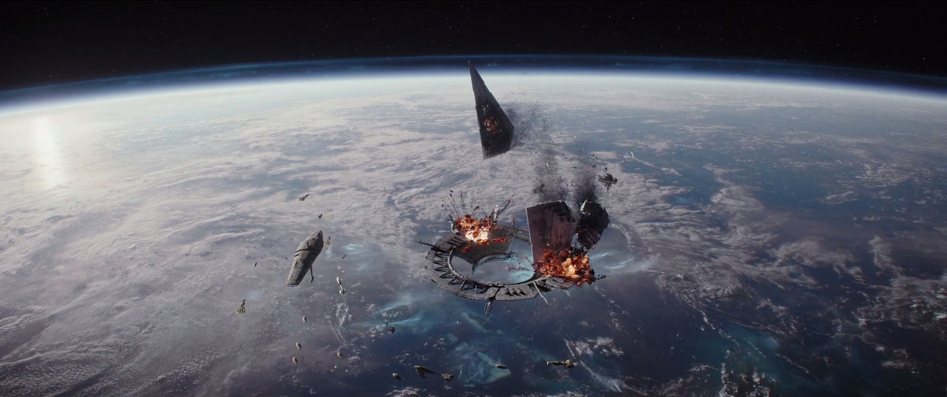 The Star Destroyer Persecutor colliding with Scarif's planetary shield